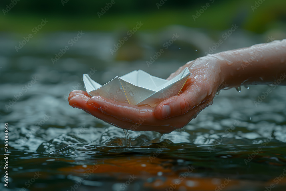 Poster a close-up of hands releasing a paper boat into a flowing stream, representing the journey and unpre