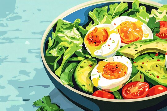 a bowl of salad with eggs and avocado