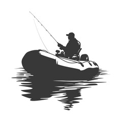 Silhouette fisherman fishing using inflatable boat - obrazy, fototapety, plakaty
