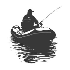 Silhouette fisherman fishing using inflatable boat - obrazy, fototapety, plakaty