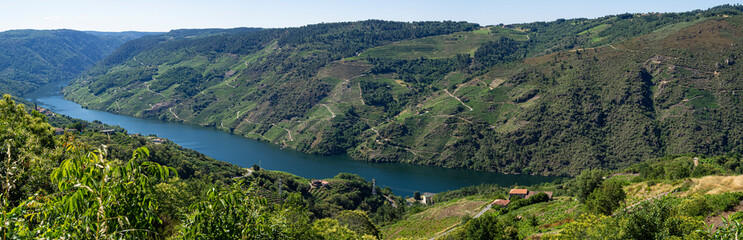 Vista panorámica del río Sil en Lugo con el agua azul y los acantilados verdes cultivados con...