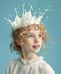 Teen girl with milk splash crown on light blue background - 765185227