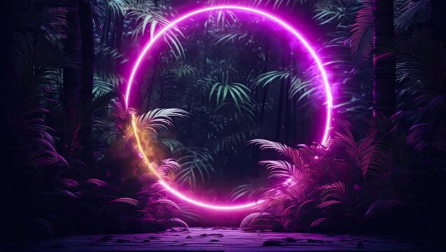 tropical leaves greenery with green leaves, neon circle in background