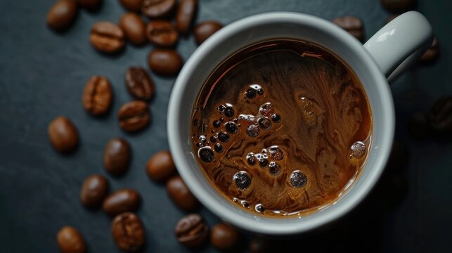 A top view of a fresh and hot cup of coffee with a strong aroma, with space for copy. The image
