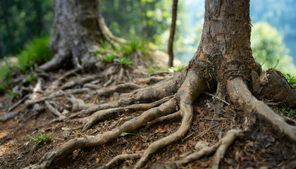 Close-up of forest floor with big tree trunk roots. Beautiful nature. Spring or summer season. Blurred forest