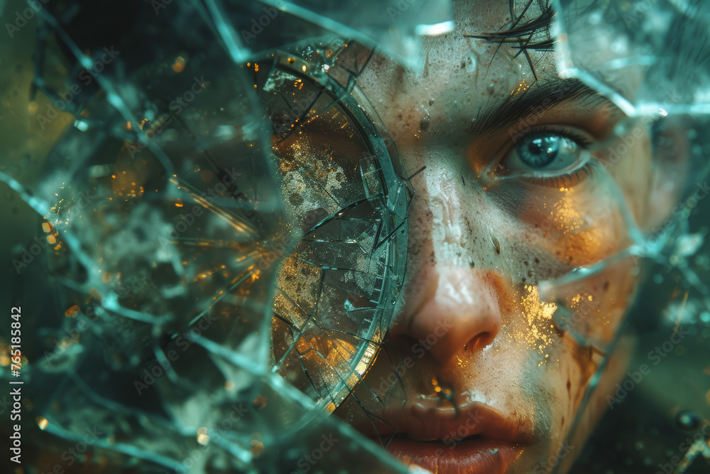 Poster a man holding a clock with shattered glass, representing the fragmented sense of time in the context