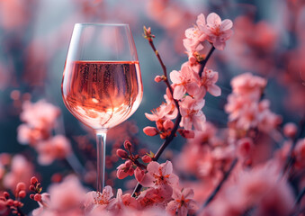Spring Bloom Serenade: Rosé Wine Glass Amongst Delicate Cherry Blossoms