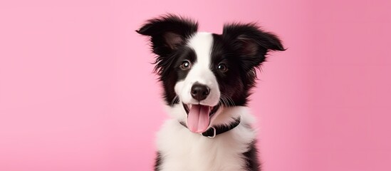 An adorable mixed-breed dog with a distinctive black and white collar, set against a vibrant pink background