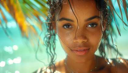 Tropical Oasis Retreat: Radiant Woman with Water-Drenched Hair and Sunlit Gaze