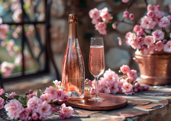 Rosé Wine Celebration: Sparkling Beverage with Spring Flowers on Vintage Patio - 765185889