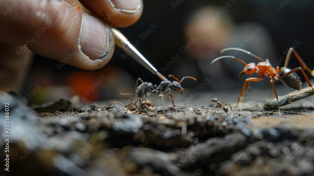 Poster this macro image captures the intricate details of an ant being examined with tweezers against a blu