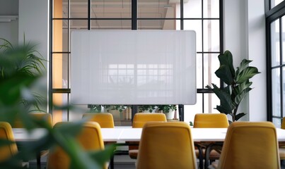 Contemporary office meeting room with a whiteboard set against a backdrop of sleek, modern furniture and large windows, creating a bright and inspiring space for brainstorming sessions