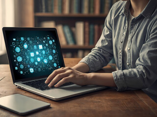 Hand hovering over a laptop keyboard with a checklist interface displayed on screen, symbolizing efficient project planning, digital task management 