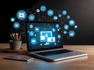 Laptop keyboard with a icons interface displayed on screen, symbolizing efficient project planning, digital task management, and streamlined workflow in a modern business