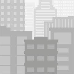 Black and white drawing of a city, tall buildings, a view into the distance, vector
