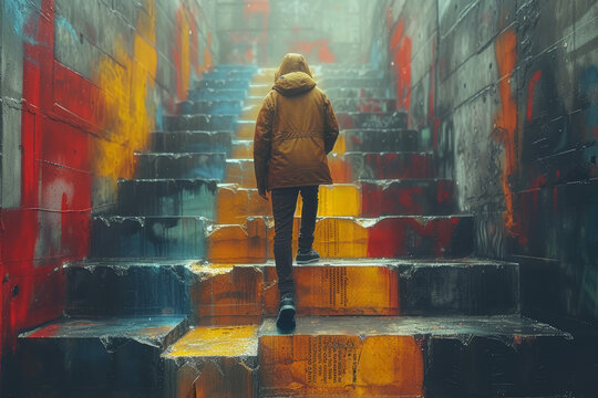 A man climbing a staircase made of words, each step representing a different emotion in the journey of mental well-being. Concept of emotional ascent. Generative Ai.