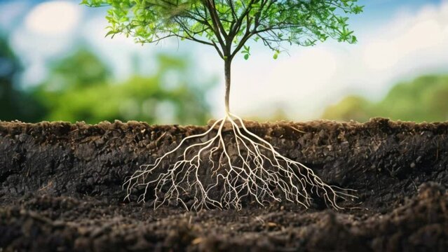 tree growing in rich soil with roots showing Generative AI