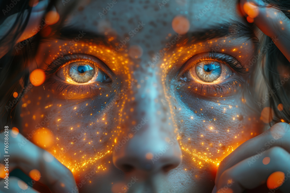 Poster a close-up of a person's face with hands forming a heart shape around the mind, symbolizing the conn
