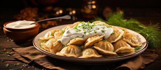 Dumplings with cream and chives on a plate - obrazy, fototapety, plakaty