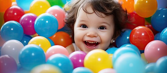Fototapeta na wymiar Happy child smiling in colorful ball pit