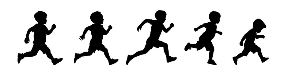 Set of silhouettes of a running boy