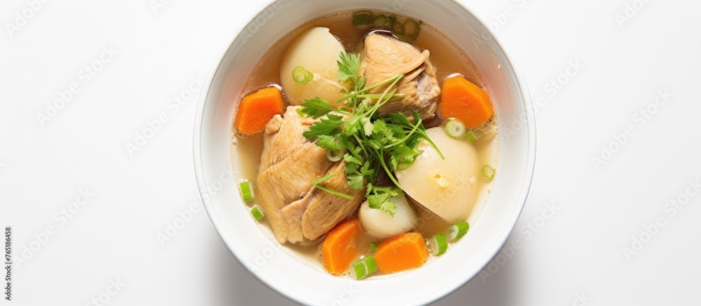 Sticker Clear soup with meat and vegetables in white bowl