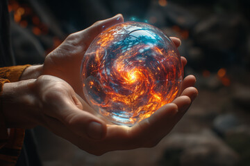 A close-up of hands holding a crystal ball with swirling emotions inside, symbolizing the unpredictable nature of mental well-being. Concept of emotional unpredictability. Generative Ai.