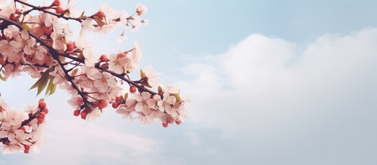 Fototapeta premium Tree with pink petals under blue sky