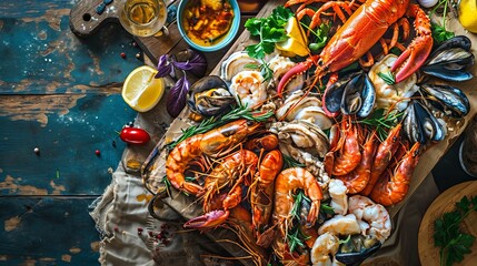 An opulent seafood platter overflowing with fresh crustaceans and shellfish, embodying the essence of a coastal feast, perfect for seafood markets, culinary arts, and gastronomy-focused content. - obrazy, fototapety, plakaty