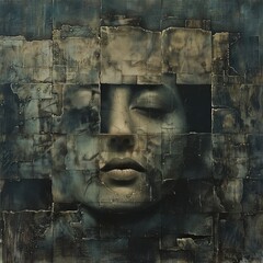 An abstract depiction of a fragmented face as if eroded by time, hinting at themes of decay and memory.