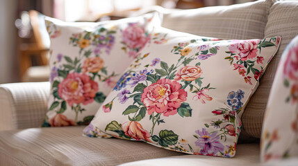 Cozy sofa cushions with floral motifs.