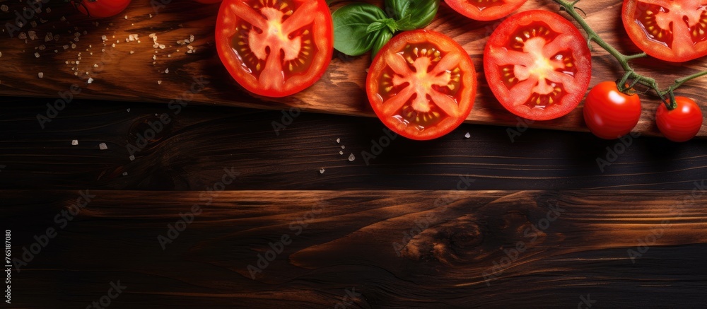 Sticker Tomatoes and basil on cutting board with knife