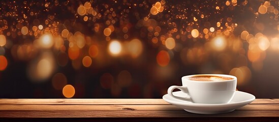Cup of coffee on wooden table with bokeh lights