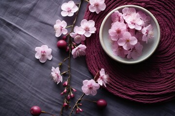 Obraz na płótnie Canvas A serene composition of cherry blossoms gently resting in a bowl on a textured dark background, conveying a delicate touch of spring and Japanese cultural beauty.