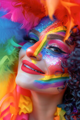 Close up portrait of LGBT rainbow make up on glamorous Drag Queen person. Vertical image. Pride month concept