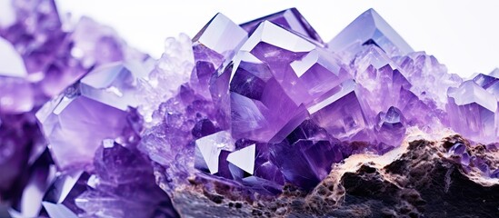 Purple crystals on rock against white background - obrazy, fototapety, plakaty