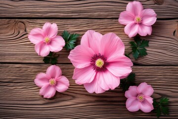 Fototapeta premium Flat lay of delicate pink cosmos flowers on a wooden surface, conveying a theme of spring and natural beauty, ideal for floral design backgrounds