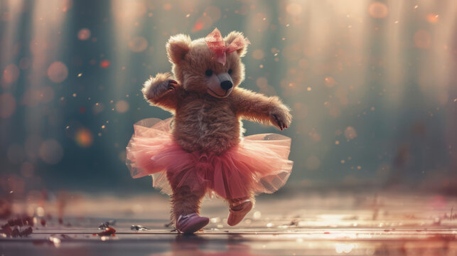 A whimsical scene of a teddy bear in a ballerina outfit dancing on a reflective surface with warm light