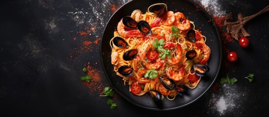 Pasta with seafood and tomatoes on a black background