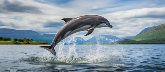 Obraz premium Dolphin leaping with backdrop of mountains