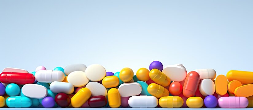 Colorful pills in a close-up pile on a table