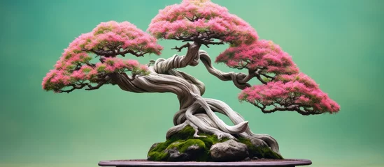Foto op Plexiglas A bonsai tree with delicate pink flowers on a small rock © Ilgun