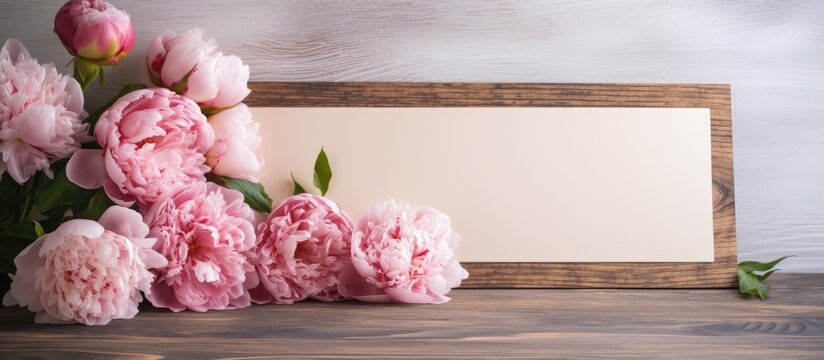 Pink peonies and a card on wooden surface