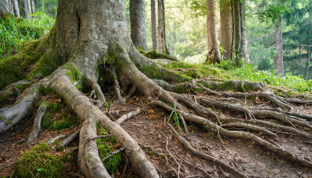 Close-up of forest floor with big tree trunk roots. Beautiful nature. Spring or summer season. Blurred forest