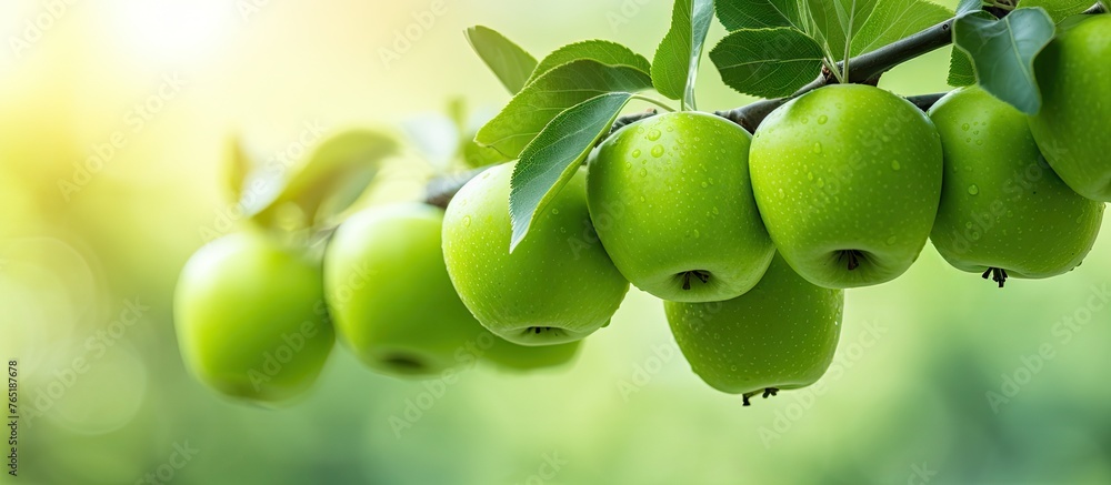 Poster several green apples dangle from a tree branch