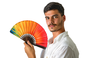 Young man holding colorful rainbow hand fan and looking at camera over isolated transparent background. Pride month concept