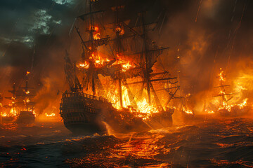 Flames of War: A Naval Battle Scene with a Ship Engulfed in Fire