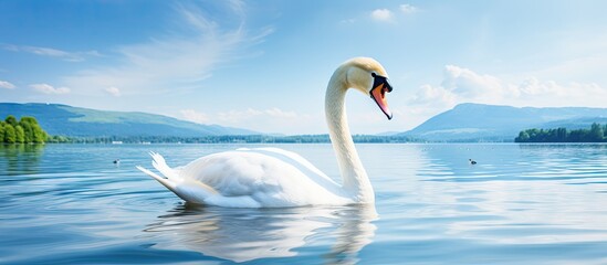 White swan gracefully gliding on calm lake - obrazy, fototapety, plakaty