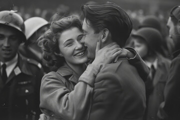 1945 Victory Celebration: Soldier's Emotional Reunion with Nurse Girlfriend Captured in Crowd's Joyful Moments
