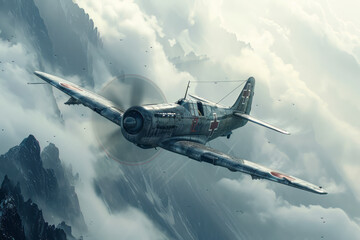 Vintage WWII Fighter Plane Soaring Through the Skies: A Captivating Aerial Display - obrazy, fototapety, plakaty